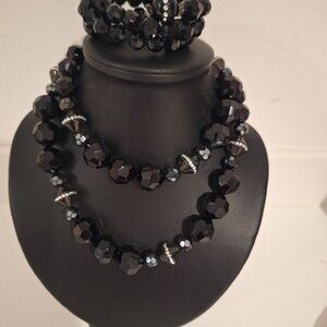 Plastic black jet  braclet and necklace with rhinstones